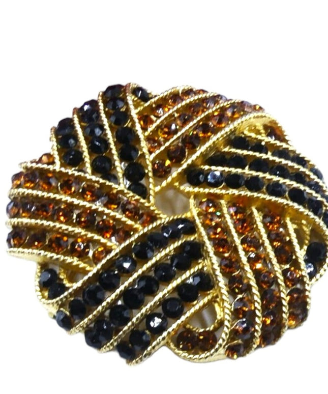 Vintage signed Trifari gold tone black &  amber crystal brooch gold plate finish