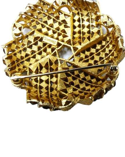 Vintage signed Trifari gold tone black &  amber crystal brooch gold plate finish