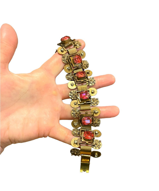 Vintage 1960s Copper Victorian Revival brutalist crystal chunky heavy bracelet