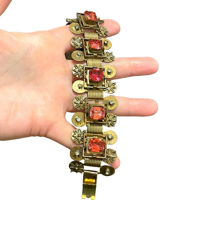Vintage 1960s Copper Victorian Revival brutalist crystal chunky heavy bracelet