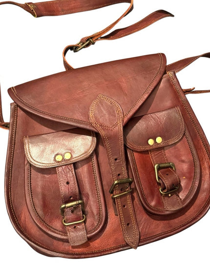 Vintage Saddle Bag Brown Leather Satchel with Buckle Accents