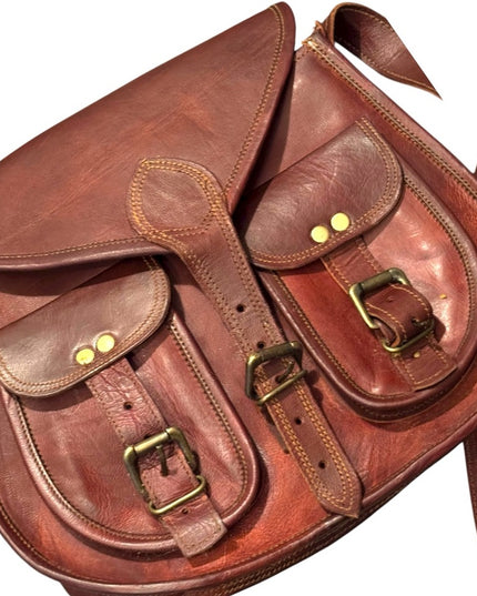 Vintage Saddle Bag Brown Leather Satchel with Buckle Accents