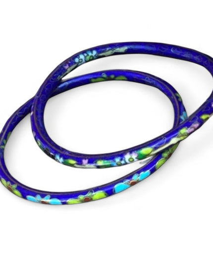 Vintage enameled hand made Chinese cloisonné bangles set x 2 pcs blue flowers