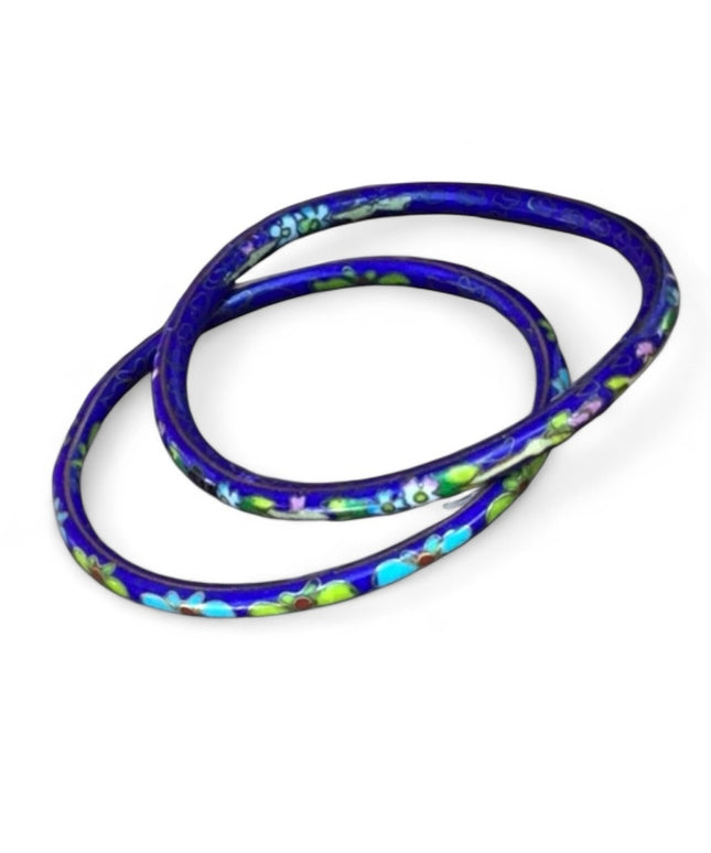 Vintage enameled hand made Chinese cloisonné bangles set x 2 pcs blue flowers