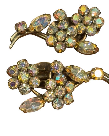 Elegant Vintage Sherman Aura Borealis Gold Floral Crystal Earrings