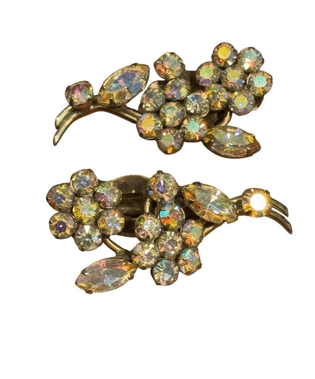 Elegant Vintage Sherman Aura Borealis Gold Floral Crystal Earrings