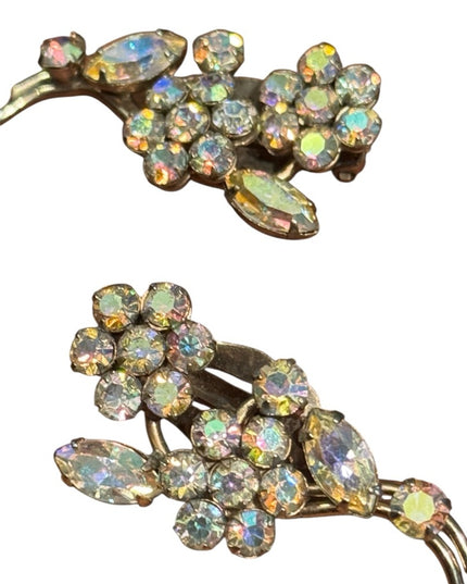 Elegant Vintage Sherman Aura Borealis Gold Floral Crystal Earrings