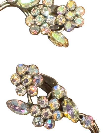 Elegant Vintage Sherman Aura Borealis Gold Floral Crystal Earrings
