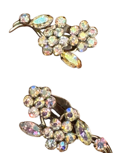 Elegant Vintage Sherman Aura Borealis Gold Floral Crystal Earrings