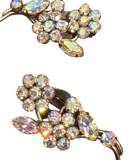 Elegant Vintage Sherman Aura Borealis Gold Floral Crystal Earrings