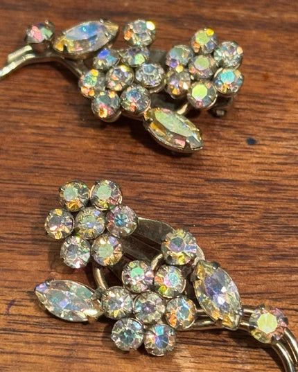 Elegant Vintage Sherman Aura Borealis Gold Floral Crystal Earrings