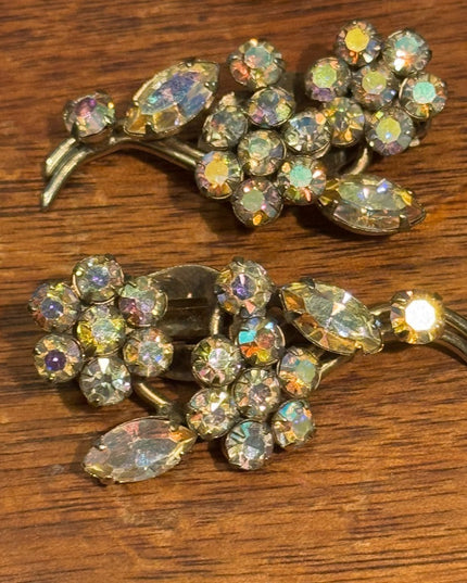 Elegant Vintage Sherman Aura Borealis Gold Floral Crystal Earrings