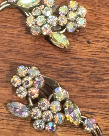 Elegant Vintage Sherman Aura Borealis Gold Floral Crystal Earrings