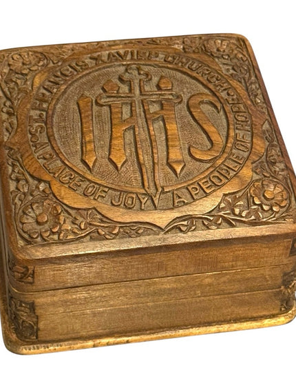 Intricately Carved Antique Religious Catholic Wood Trinket Box St Francis Xavier