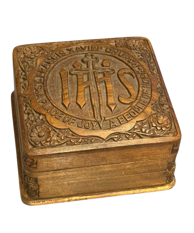 Intricately Carved Antique Religious Catholic Wood Trinket Box St Francis Xavier