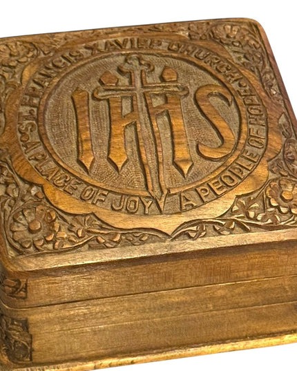 Intricately Carved Antique Religious Catholic Wood Trinket Box St Francis Xavier