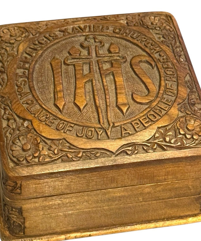 Intricately Carved Antique Religious Catholic Wood Trinket Box St Francis Xavier
