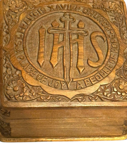 Intricately Carved Antique Religious Catholic Wood Trinket Box St Francis Xavier
