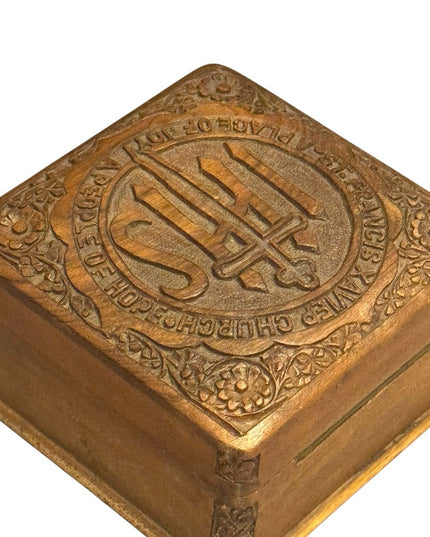 Intricately Carved Antique Religious Catholic Wood Trinket Box St Francis Xavier