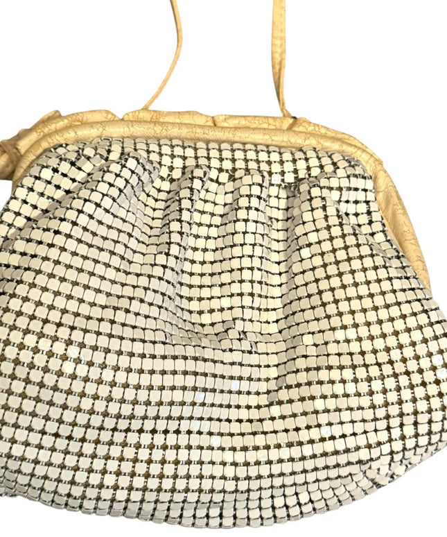 Elegant Vintage Chain Mail Mesh Cream leather & metal Women's Small Shoulder Bag