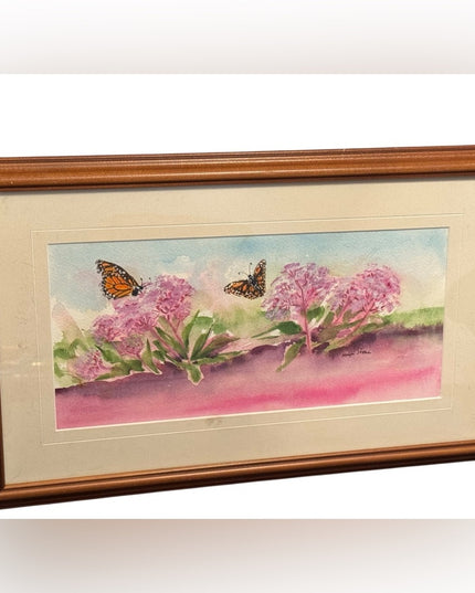 Framed Signed Watercolor Butterfly and Flowers Wood Framed Art