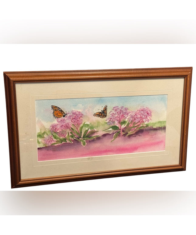 Framed Signed Watercolor Butterfly and Flowers Wood Framed Art