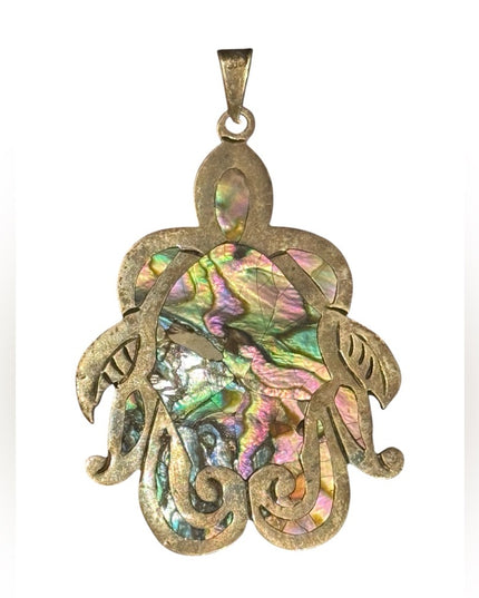 Elegant Vintsge Mexico Abalone Large Turtle 925  Iridescent Pendant