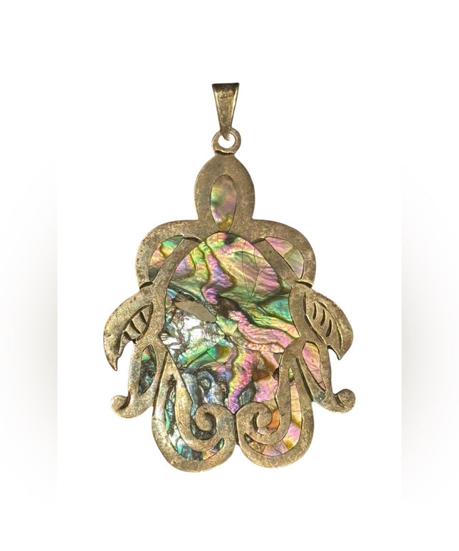 Elegant Vintsge Mexico Abalone Large Turtle 925  Iridescent Pendant