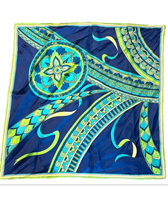 Vintage 1960s Paisley blue green yellow scarf ornate design
