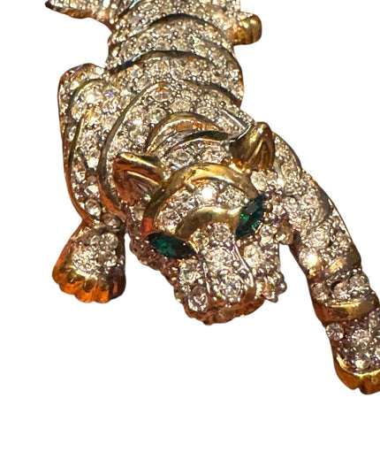 Massive Runway Sparkling Rhinestone Gold Plt Crystal Tiger Brooch Green Eyes