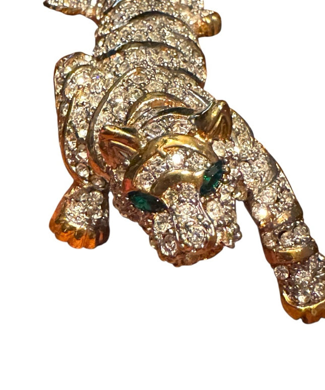 Massive Runway Sparkling Rhinestone Gold Plt Crystal Tiger Brooch Green Eyes