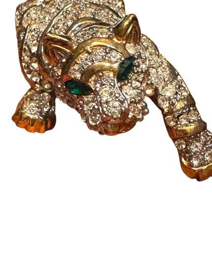 Massive Runway Sparkling Rhinestone Gold Plt Crystal Tiger Brooch Green Eyes