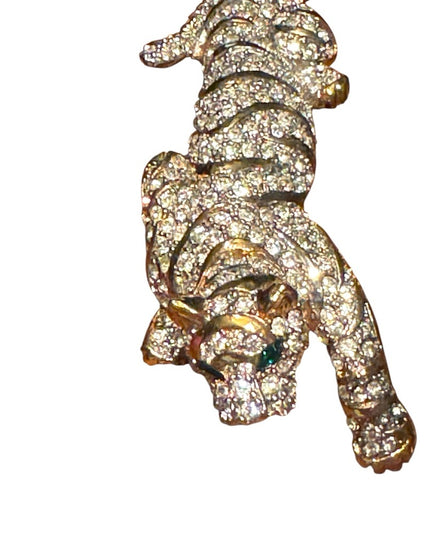Massive Runway Sparkling Rhinestone Gold Plt Crystal Tiger Brooch Green Eyes