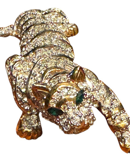 Massive Runway Sparkling Rhinestone Gold Plt Crystal Tiger Brooch Green Eyes