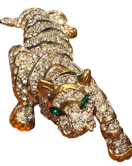 Massive Runway Sparkling Rhinestone Gold Plt Crystal Tiger Brooch Green Eyes
