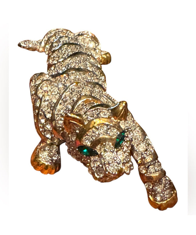 Massive Runway Sparkling Rhinestone Gold Plt Crystal Tiger Brooch Green Eyes