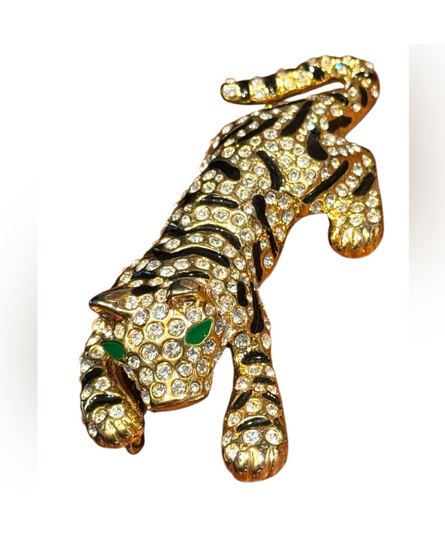Elegant Vintage Gold Plt Gold Leopard Rhinestone CrystalTiger Brooch