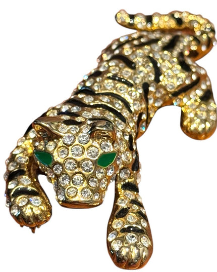 Elegant Vintage Gold Plt Gold Leopard Rhinestone CrystalTiger Brooch