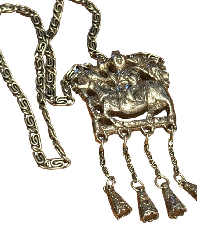 Silver Plt Vintage Antique Large Buddah Pendant Necklace with Intricate Design