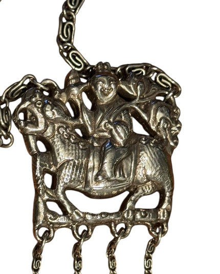 Silver Plt Vintage Antique Large Buddah Pendant Necklace with Intricate Design