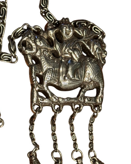 Silver Plt Vintage Antique Large Buddah Pendant Necklace with Intricate Design