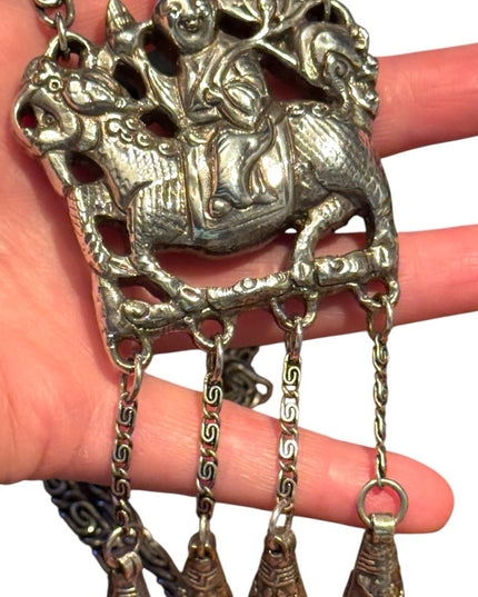 Silver Plt Vintage Antique Large Buddah Pendant Necklace with Intricate Design