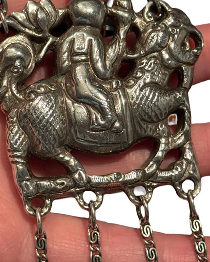 Silver Plt Vintage Antique Large Buddah Pendant Necklace with Intricate Design