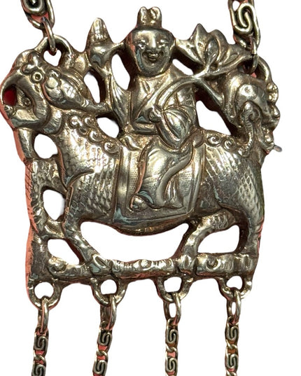 Silver Plt Vintage Antique Large Buddah Pendant Necklace with Intricate Design