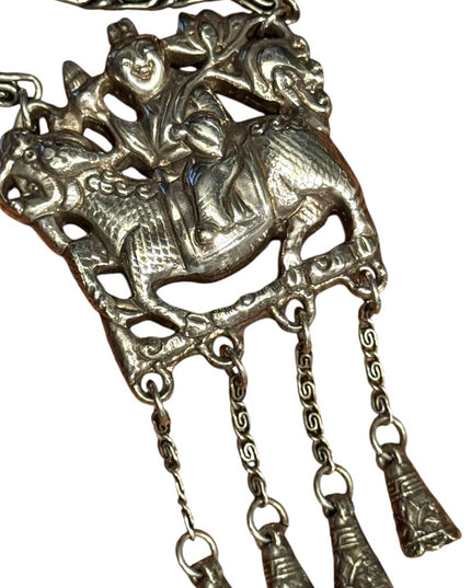 Silver Plt Vintage Antique Large Buddah Pendant Necklace with Intricate Design