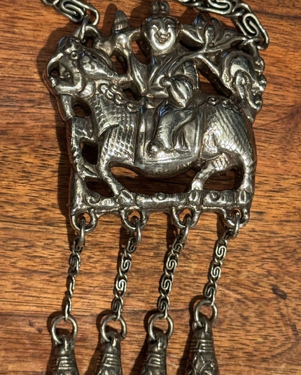 Silver Plt Vintage Antique Large Buddah Pendant Necklace with Intricate Design