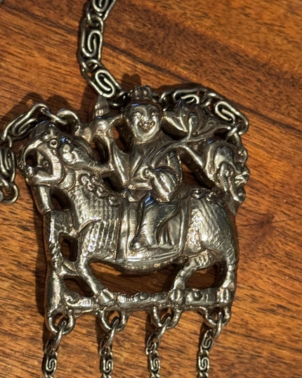 Silver Plt Vintage Antique Large Buddah Pendant Necklace with Intricate Design