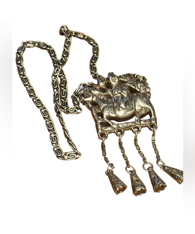 Silver Plt Vintage Antique Large Buddah Pendant Necklace with Intricate Design