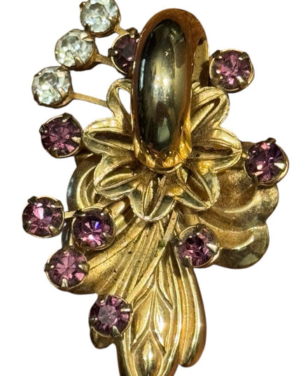 Elegant Vintage Rhinestone Crystal Gold Purple Floral Brooch Pendant
