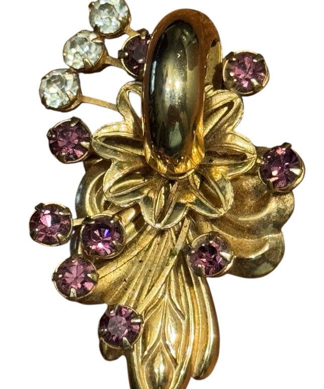 Elegant Vintage Rhinestone Crystal Gold Purple Floral Brooch Pendant